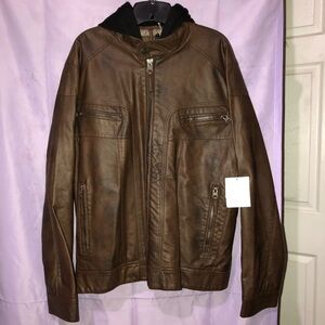 Calvin Klein Brown Faux Leather Jacket with removable black hoodie Large new